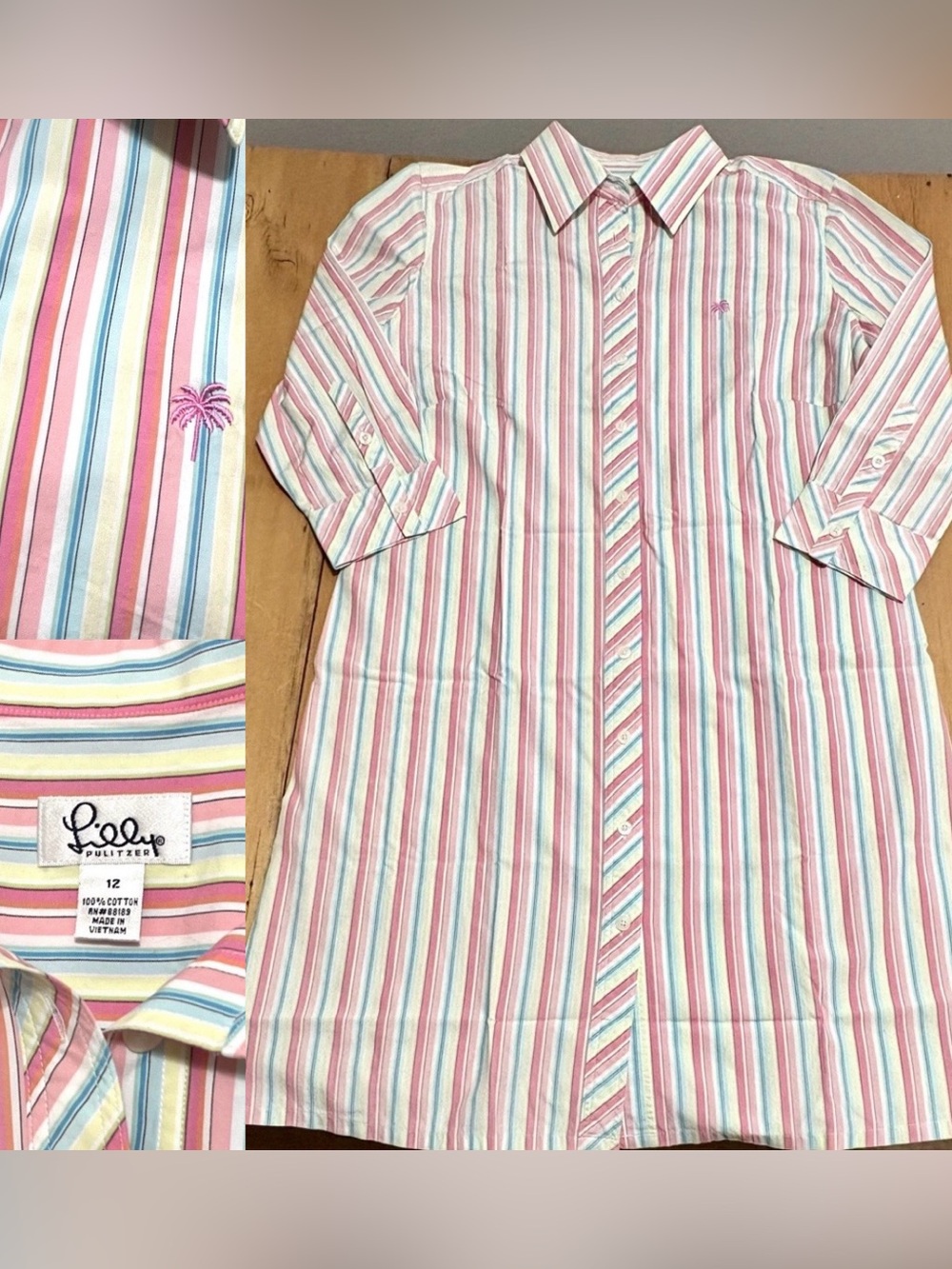 Vintage Lilly Pulitzer Shirt Dress - White Label Striped Palm Tree 3/4 Sleeves